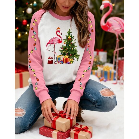 Women Christmas Flamingo Sweatshirt Cotton Blend Long Sleeve Casual Top - Picture 5 of 6